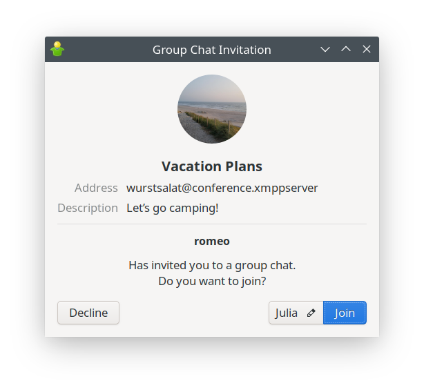 The new Group Chat Invitation window