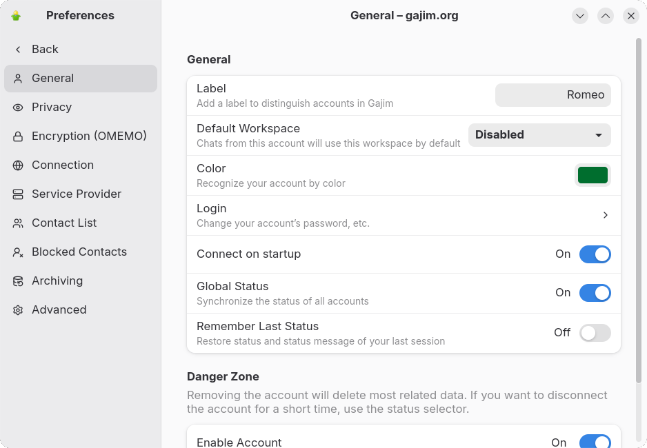 Gajim 2.3.5 bundles preferences and account settings